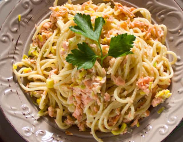 Spaghettis au saumon et poireaux WW