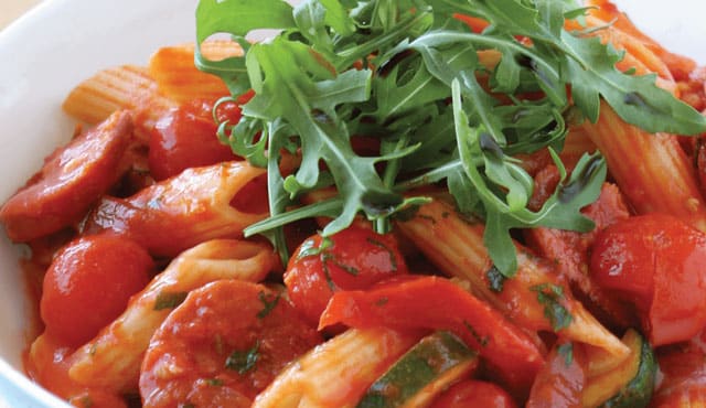 pâtes au chorizo / courgettes et tomates cerises WW