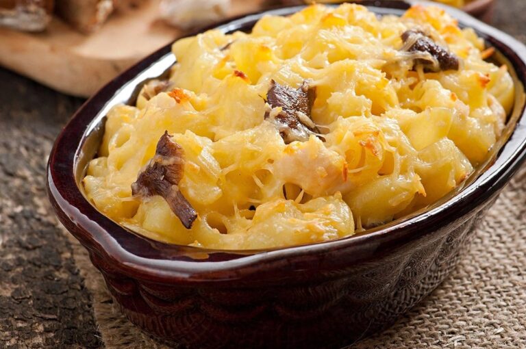 Gratin de pâtes poireaux champignons et poulet