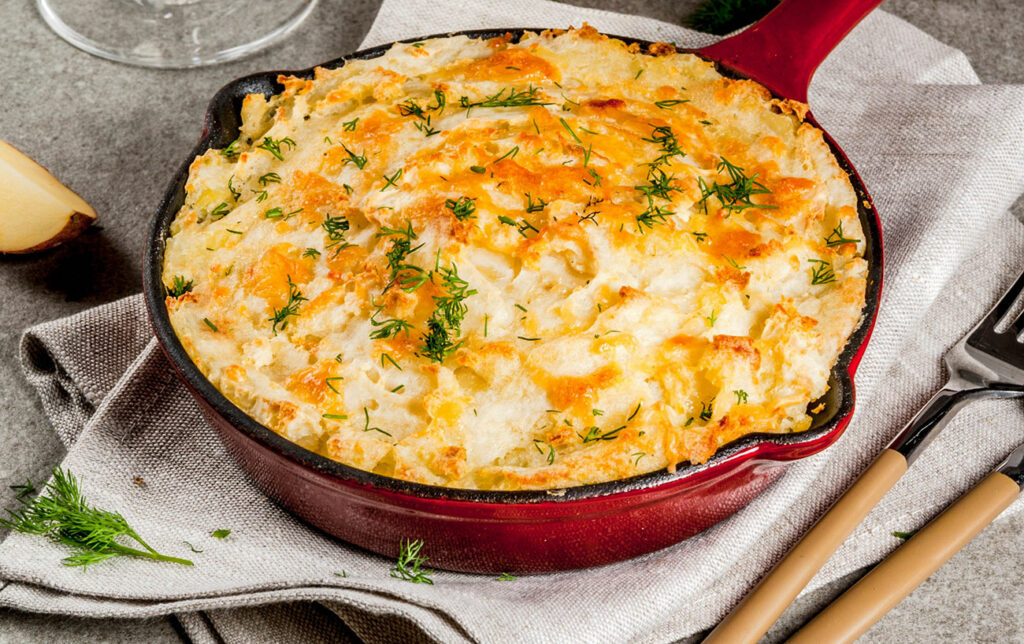 Purée de potiron et pommes de terre gratinées